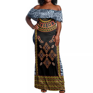 Cameroon Bamileke Toghu Pattern Off Shoulder Maxi Dress Bamenda Royal Cultural Design