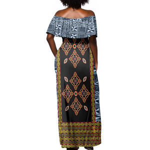 Cameroon Bamileke Toghu Pattern Off Shoulder Maxi Dress Bamenda Royal Cultural Design