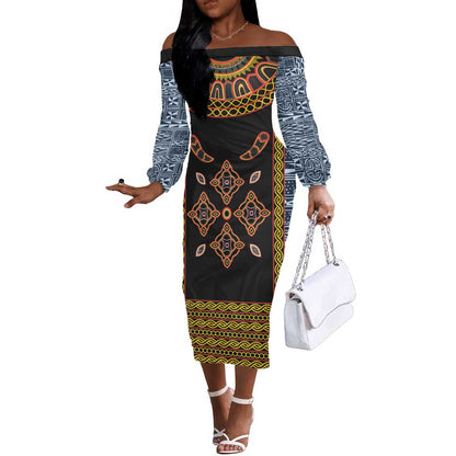 Cameroon Bamileke Toghu Pattern Off The Shoulder Long Sleeve Dress Bamenda Royal Cultural Design