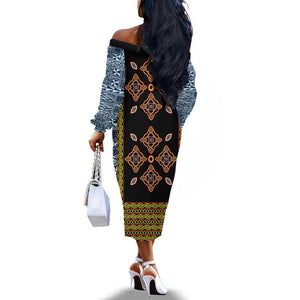 Cameroon Bamileke Toghu Pattern Off The Shoulder Long Sleeve Dress Bamenda Royal Cultural Design