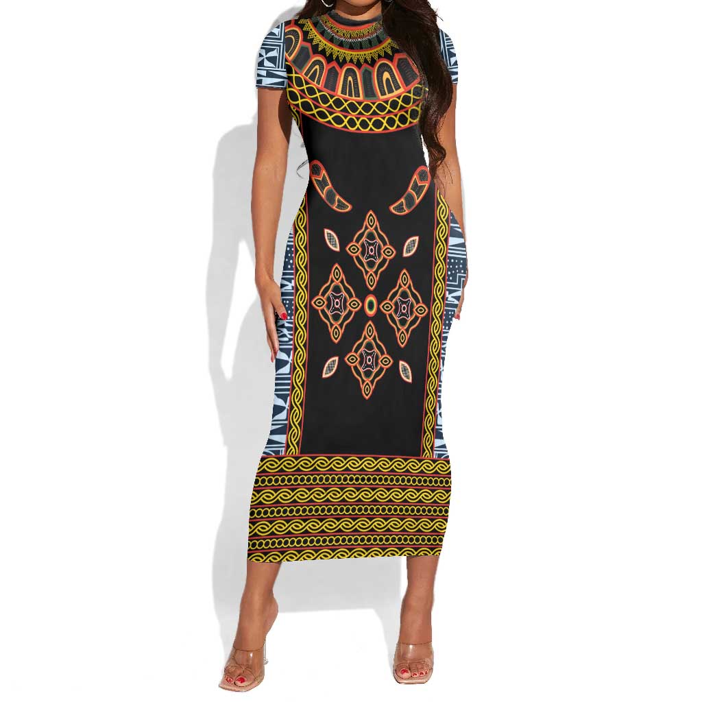 Cameroon Bamileke Toghu Pattern Short Sleeve Bodycon Dress Bamenda Royal Cultural Design