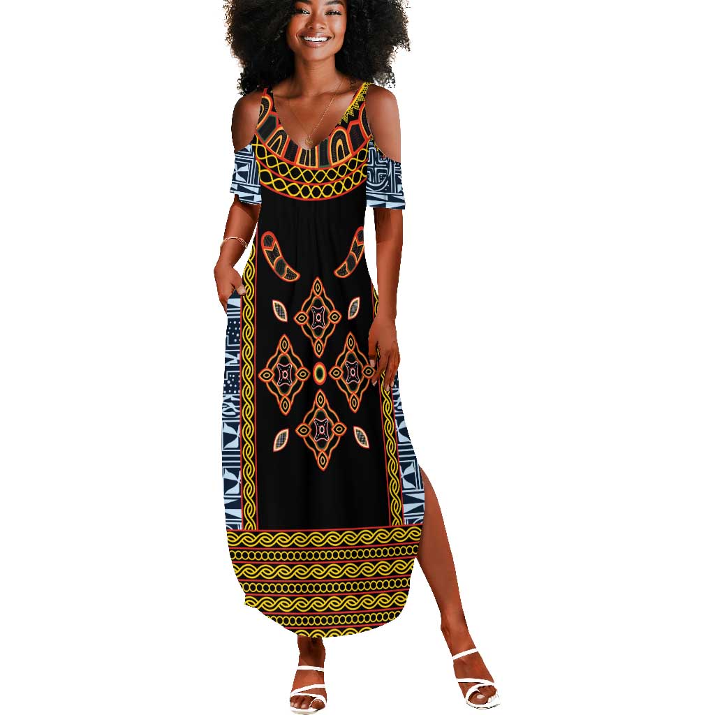 Cameroon Bamileke Toghu Pattern Summer Maxi Dress Bamenda Royal Cultural Design
