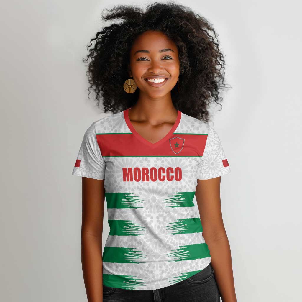 Custom Morocco Football Women V-Neck T-Shirt Road To Football Glory - African Pride
