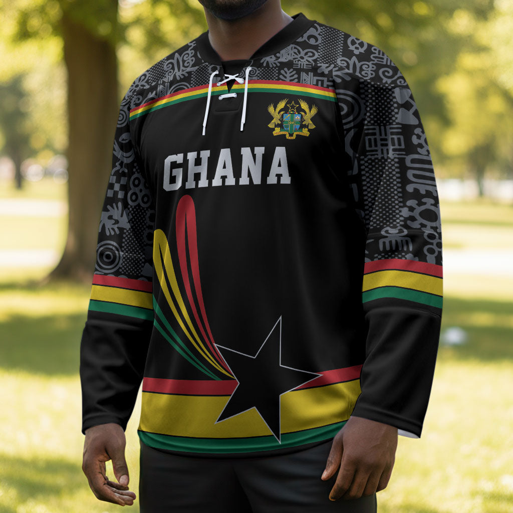Custom World Football 2026 Ghana Hockey Jersey Black Star Adinkra Heritage Black Version
