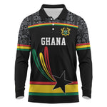 Custom World Football 2026 Ghana Long Sleeve Polo Shirt Black Star Adinkra Heritage Black Version
