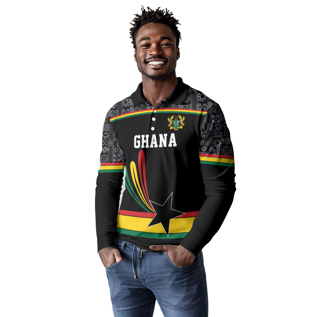 Custom World Football 2026 Ghana Long Sleeve Polo Shirt Black Star Adinkra Heritage Black Version