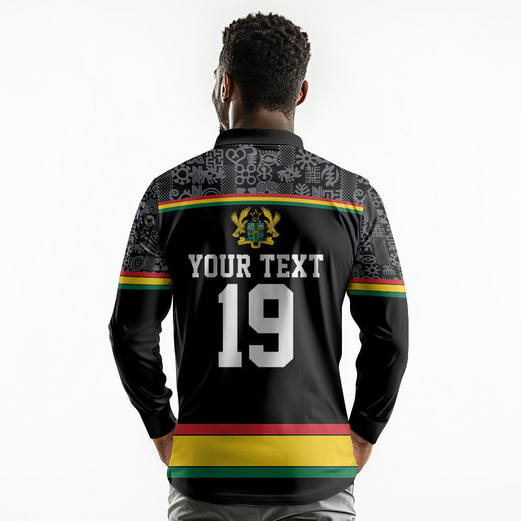 Custom World Football 2026 Ghana Long Sleeve Polo Shirt Black Star Adinkra Heritage Black Version