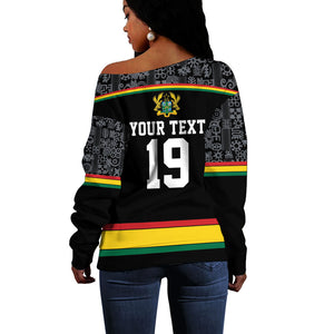Custom World Football 2026 Ghana Off Shoulder Sweater Black Star Adinkra Heritage Black Version