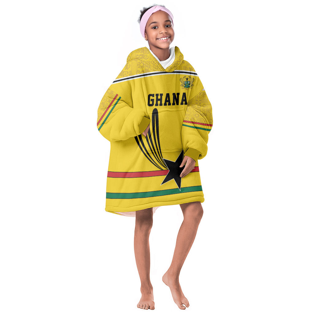 Custom World Football 2026 Ghana Kid Wearable Blanket Hoodie Black Star Adinkra Heritage Yellow Version