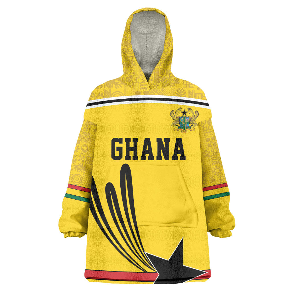 Custom World Football 2026 Ghana Kid Wearable Blanket Hoodie Black Star Adinkra Heritage Yellow Version