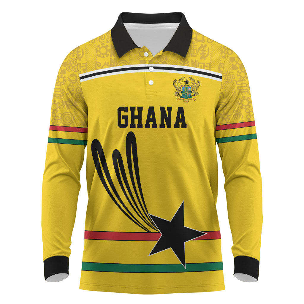 Custom World Football 2026 Ghana Long Sleeve Polo Shirt Black Star Adinkra Heritage Yellow Version