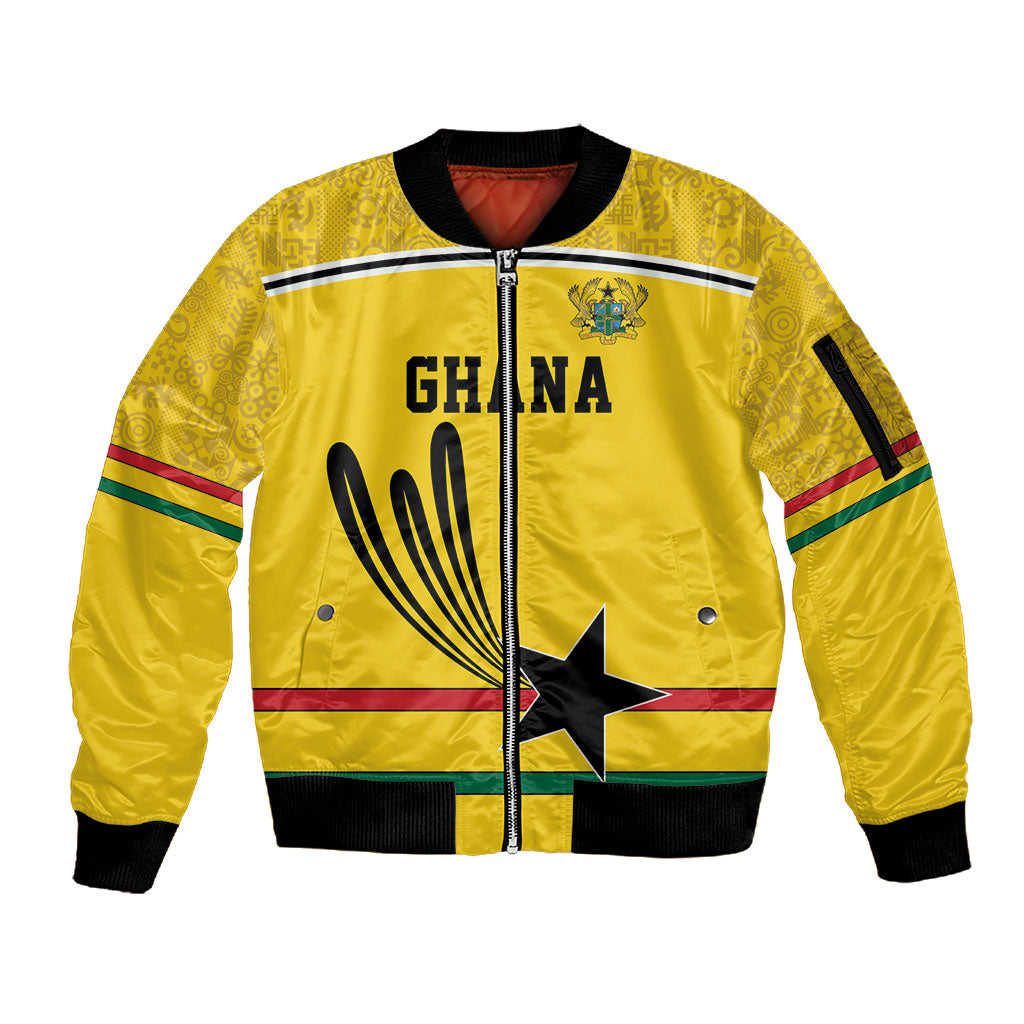 Custom World Football 2026 Ghana Sleeve Zip Bomber Jacket Black Star Adinkra Heritage Yellow Version