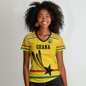 Custom World Football 2026 Ghana Women V-Neck T-Shirt Black Star Adinkra Heritage Yellow Version