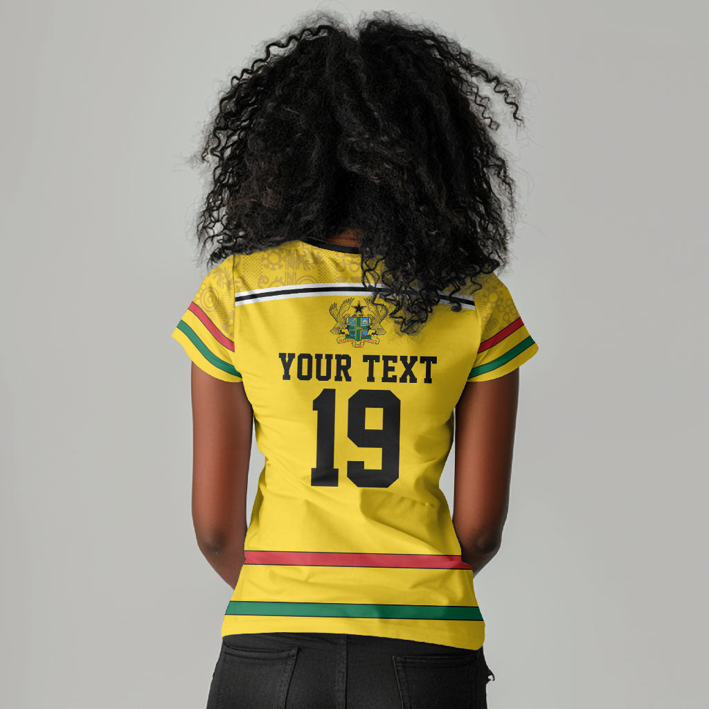 Custom World Football 2026 Ghana Women V-Neck T-Shirt Black Star Adinkra Heritage Yellow Version