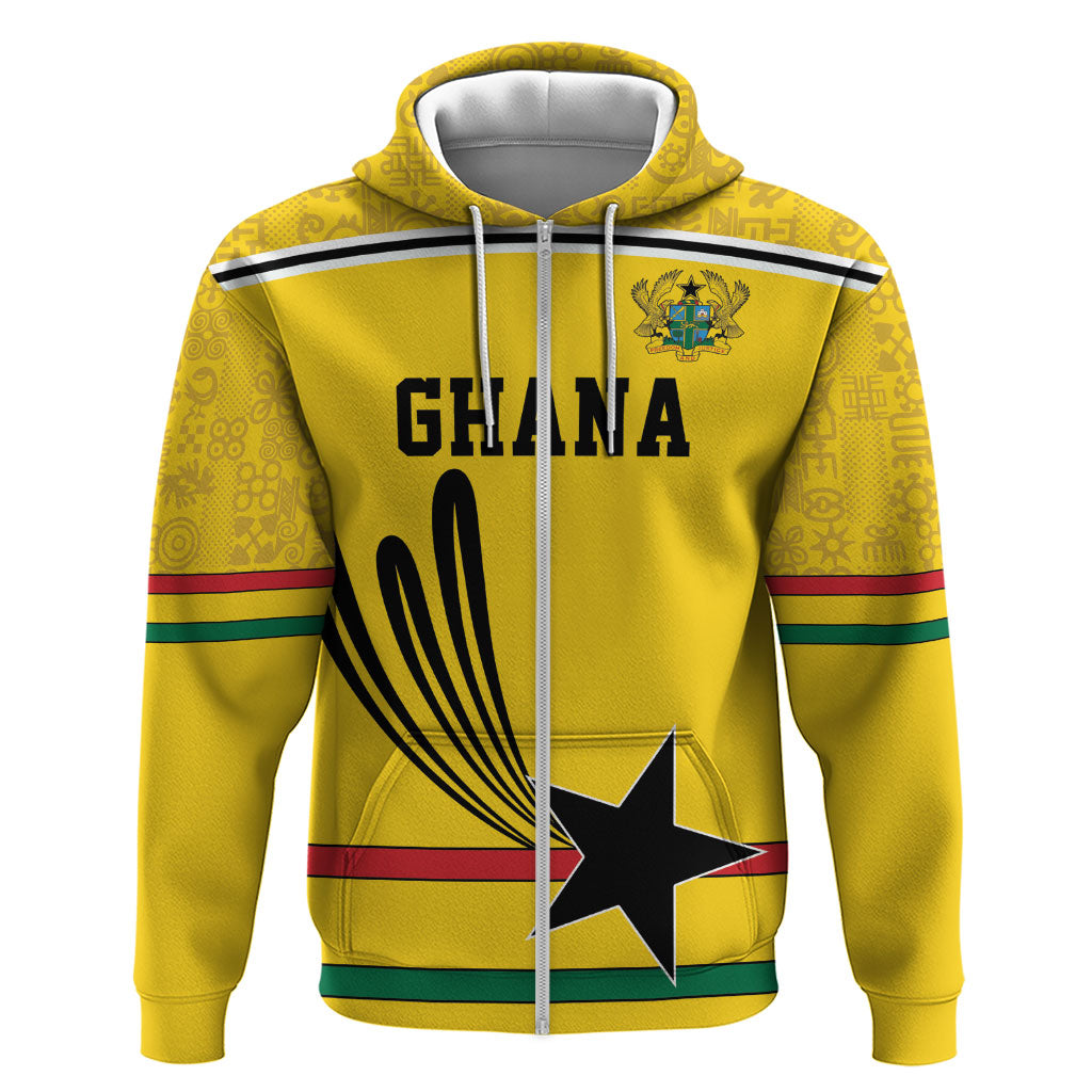 Custom World Football 2026 Ghana Zip Hoodie Black Star Adinkra Heritage Yellow Version
