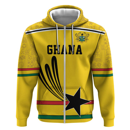 Custom World Football 2026 Ghana Zip Hoodie Black Star Adinkra Heritage Yellow Version