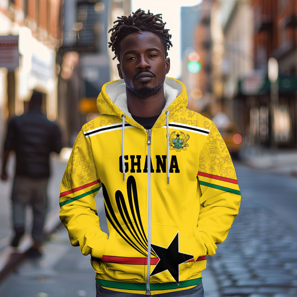 Custom World Football 2026 Ghana Zip Hoodie Black Star Adinkra Heritage Yellow Version