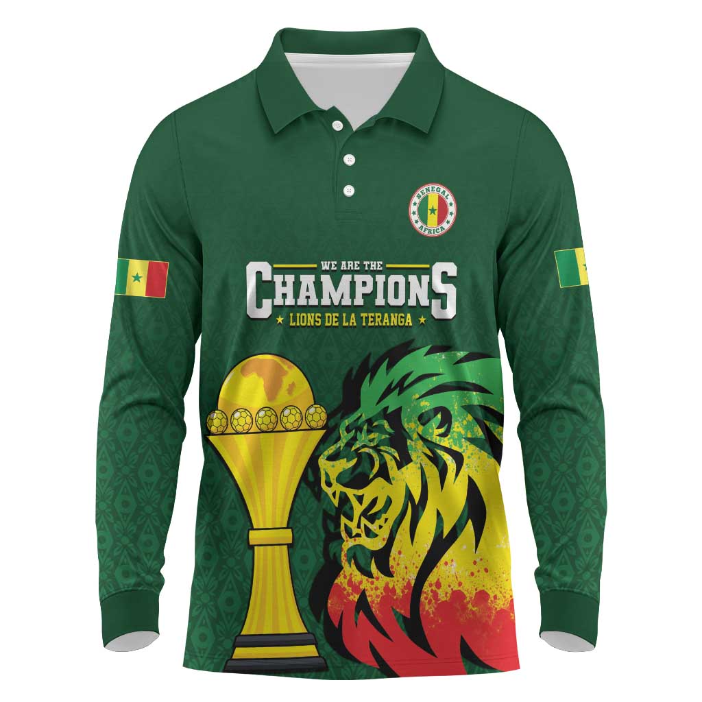 Senegal Football Champions Custom Long Sleeve Polo Shirt Lions of Teranga Rise
