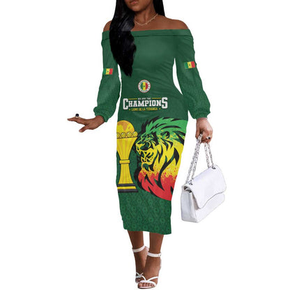 Senegal Football Champions Custom Off The Shoulder Long Sleeve Dress Lions of Teranga Rise