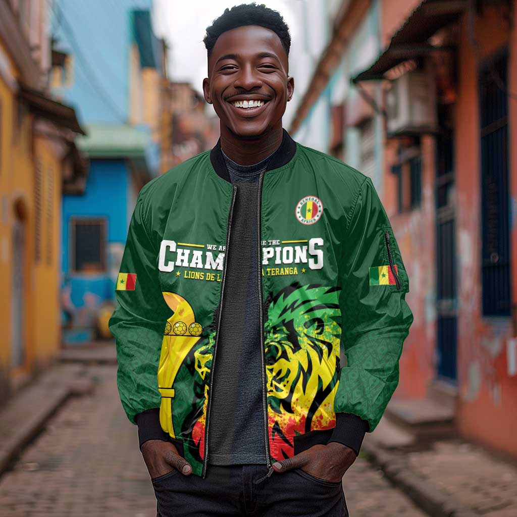 Senegal Football Champions Custom Sleeve Zip Bomber Jacket Lions of Teranga Rise