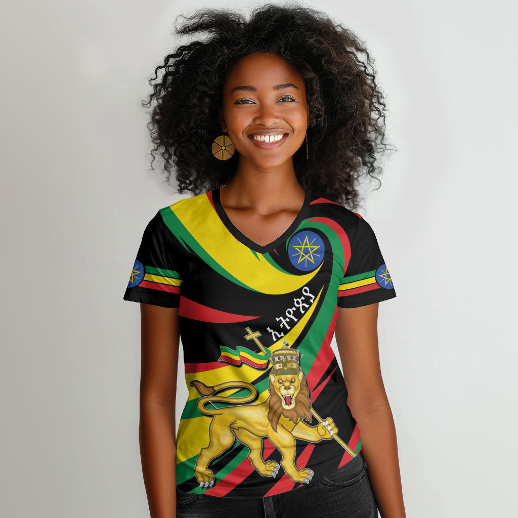 Ethiopia National Day 1991 Women V-Neck T-Shirt Habesha Lion Of Judah