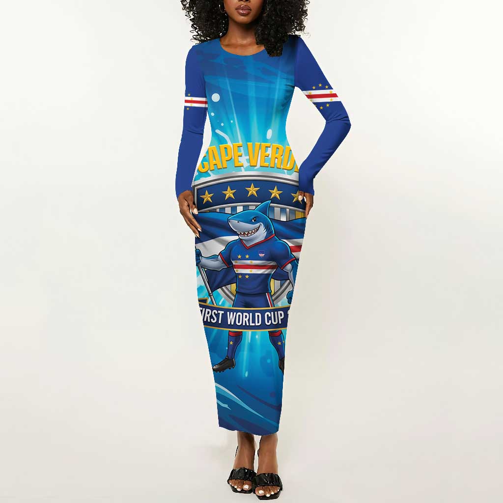 Blue Shark Cape Verde Football Long Sleeve Bodycon Dress First World Cup 2026 - African Pride