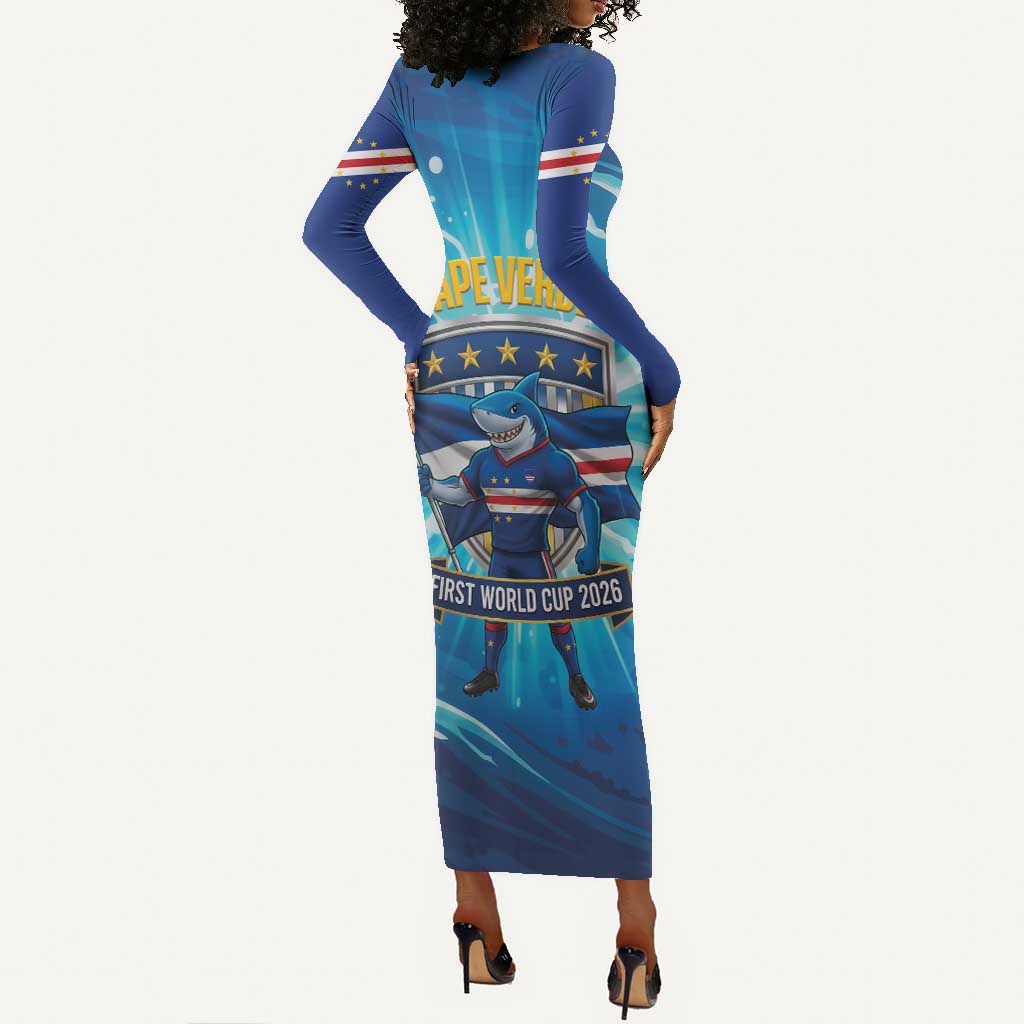 Blue Shark Cape Verde Football Long Sleeve Bodycon Dress First World Cup 2026 - African Pride