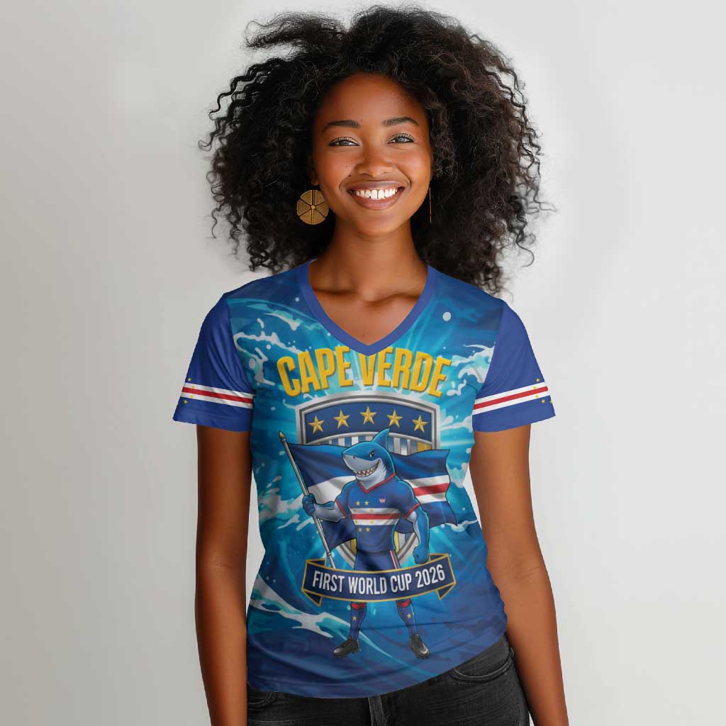Blue Shark Cape Verde Football Women V-Neck T-Shirt First World Cup 2026 - African Pride