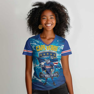 Blue Shark Cape Verde Football Women V-Neck T-Shirt First World Cup 2026 - African Pride