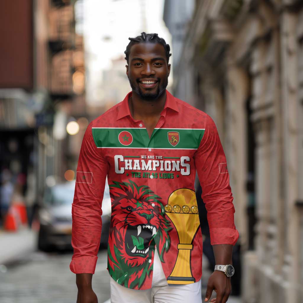 Morocco Champions Football Custom Long Sleeve Button Shirt Atlas Lions Rise