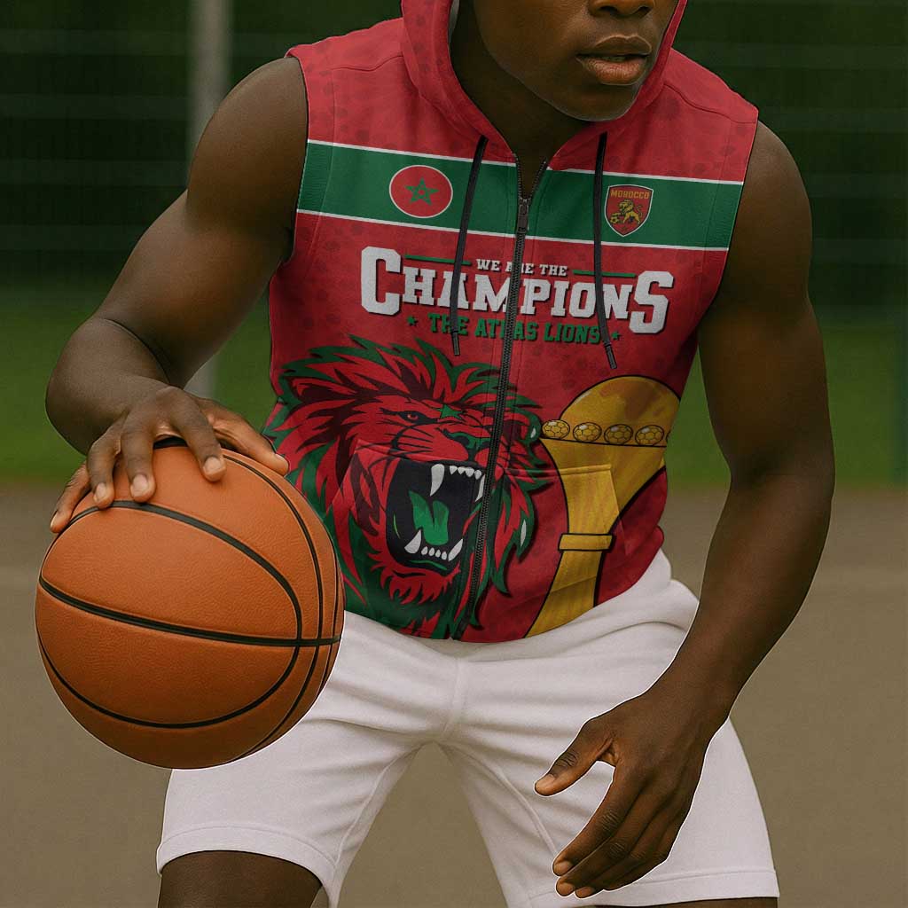 Morocco Champions Football Custom Sleeveless Zip Hoodie Atlas Lions Rise