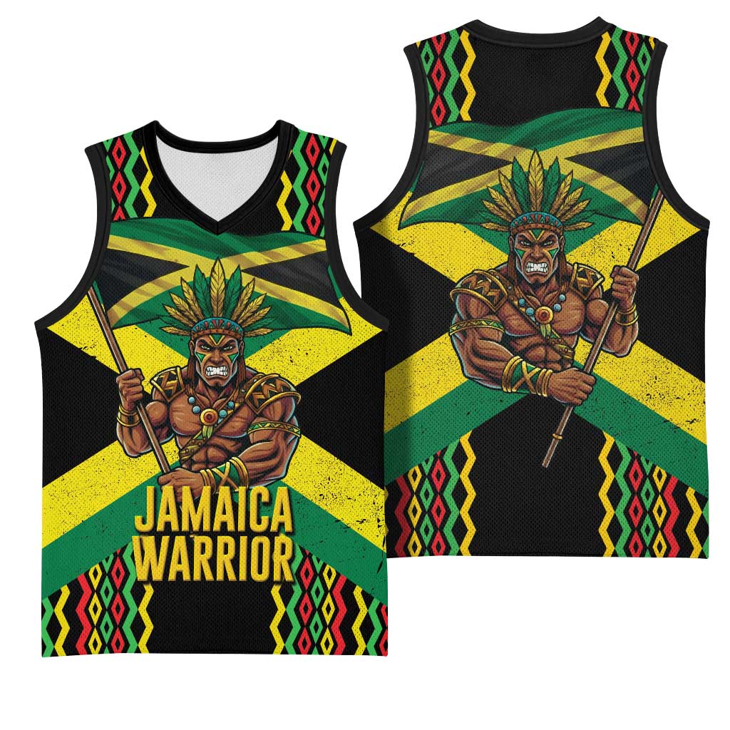 Black Jamaicans Warrior Spirit Basketball Jersey Tribal Fighter in Reggae Colors - African Pride