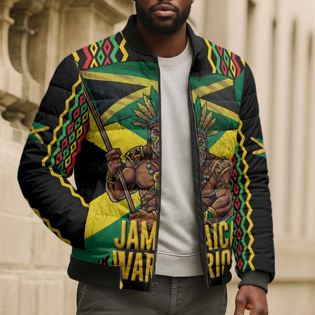 Black Jamaicans Warrior Spirit Bomber Puffer Jacket Tribal Fighter in Reggae Colors