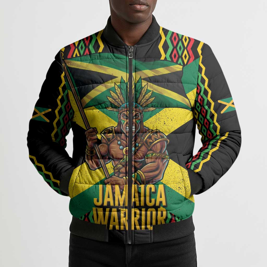 Black Jamaicans Warrior Spirit Bomber Puffer Jacket Tribal Fighter in Reggae Colors