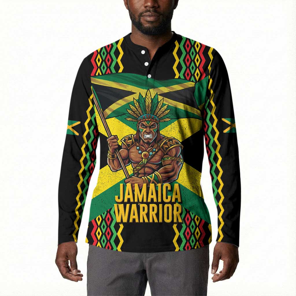 Black Jamaicans Warrior Spirit Button Sweatshirt Tribal Fighter in Reggae Colors