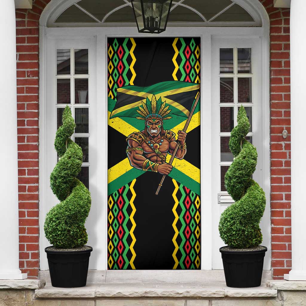 Black Jamaicans Warrior Spirit Door Cover Tribal Fighter in Reggae Colors