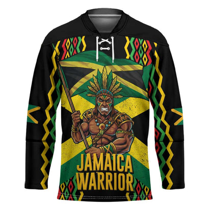 Black Jamaicans Warrior Spirit Hockey Jersey Tribal Fighter in Reggae Colors