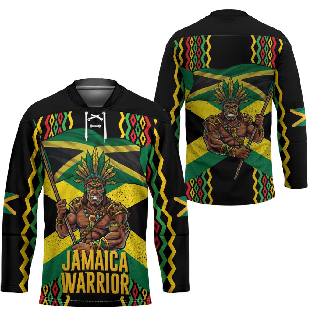 Black Jamaicans Warrior Spirit Hockey Jersey Tribal Fighter in Reggae Colors