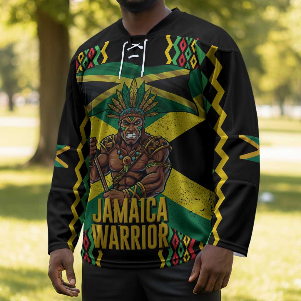 Black Jamaicans Warrior Spirit Hockey Jersey Tribal Fighter in Reggae Colors