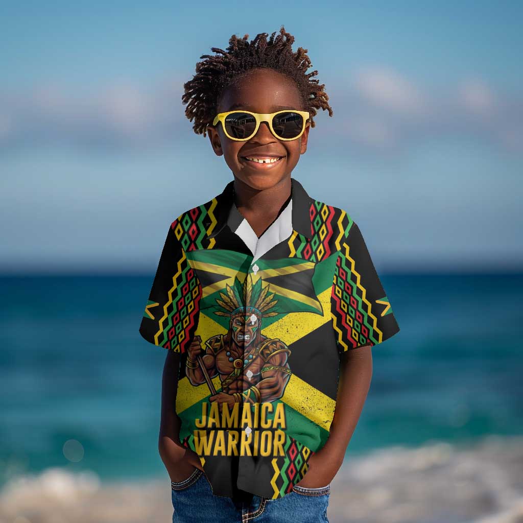 Black Jamaicans Warrior Spirit Kid Hawaiian Shirt Tribal Fighter in Reggae Colors - African Pride