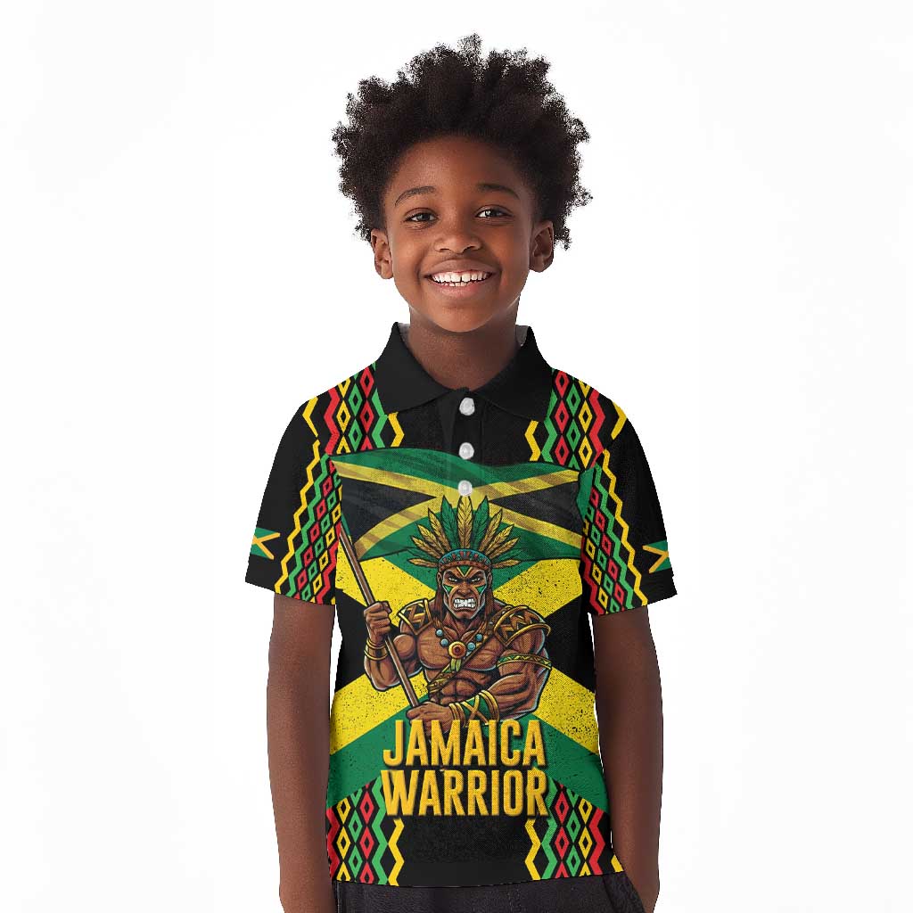 Black Jamaicans Warrior Spirit Kid Polo Shirt Tribal Fighter in Reggae Colors - African Pride