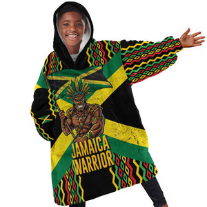 Black Jamaicans Warrior Spirit Kid Wearable Blanket Hoodie Tribal Fighter in Reggae Colors - African Pride