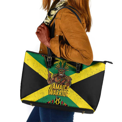 Black Jamaicans Warrior Spirit Leather Tote Bag Tribal Fighter in Reggae Colors - African Pride