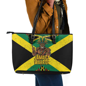 Black Jamaicans Warrior Spirit Leather Tote Bag Tribal Fighter in Reggae Colors - African Pride