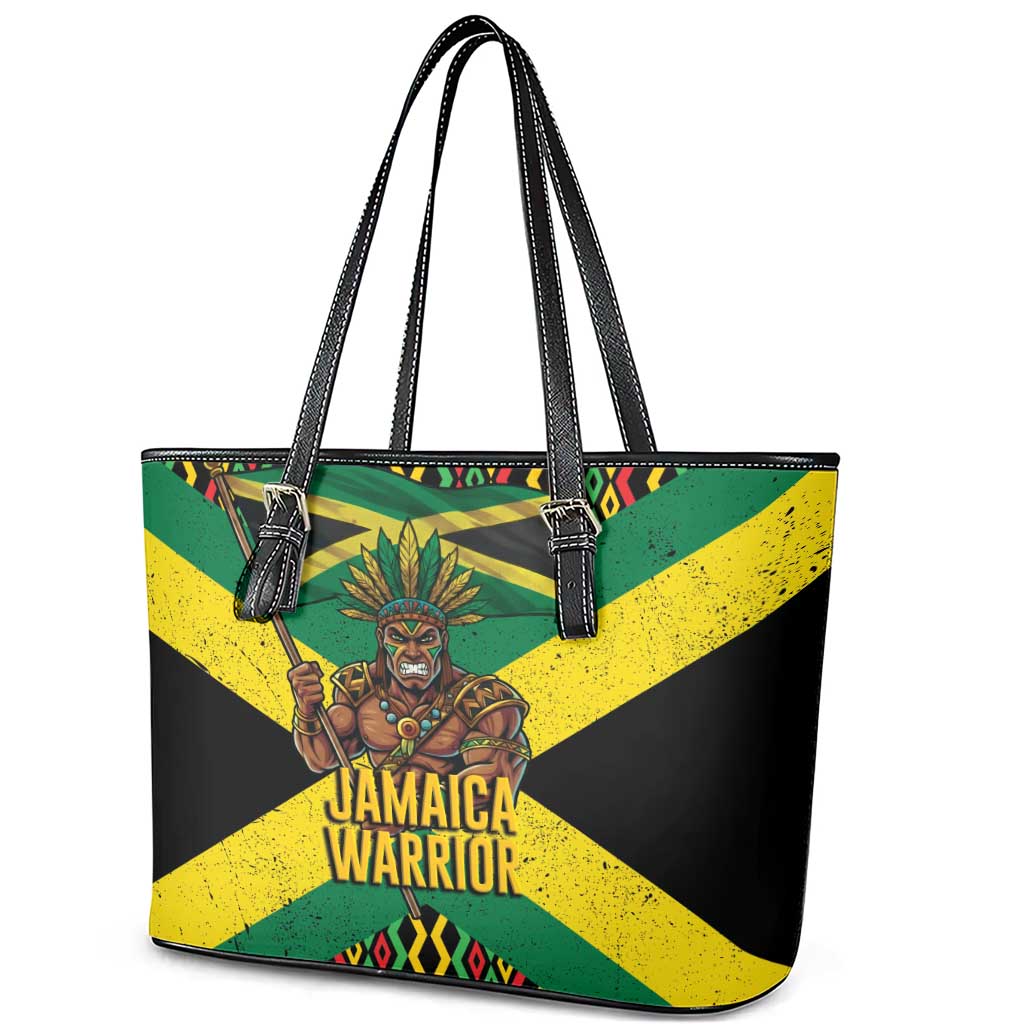 Black Jamaicans Warrior Spirit Leather Tote Bag Tribal Fighter in Reggae Colors - African Pride