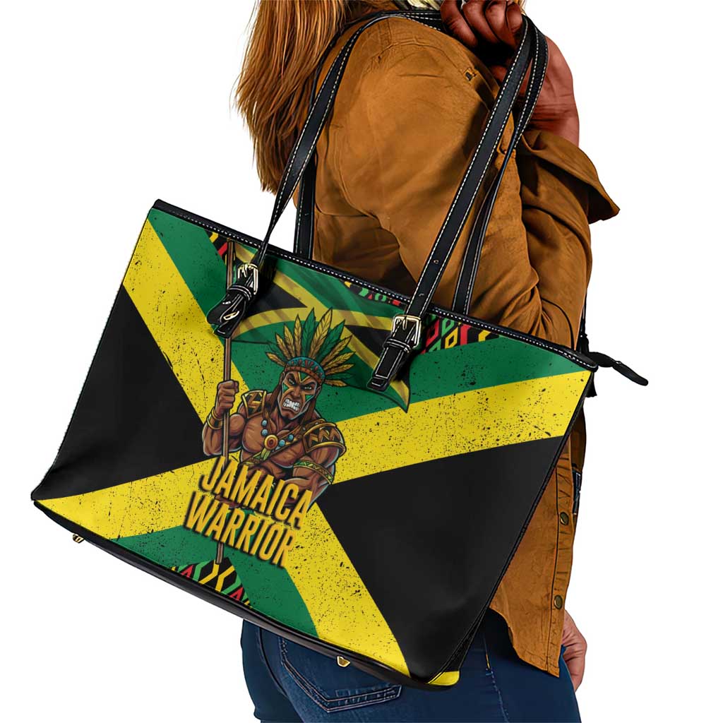 Black Jamaicans Warrior Spirit Leather Tote Bag Tribal Fighter in Reggae Colors - African Pride