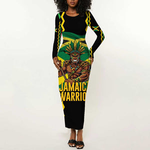 Black Jamaicans Warrior Spirit Long Sleeve Bodycon Dress Tribal Fighter in Reggae Colors - African Pride