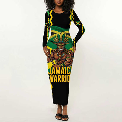 Black Jamaicans Warrior Spirit Long Sleeve Bodycon Dress Tribal Fighter in Reggae Colors - African Pride
