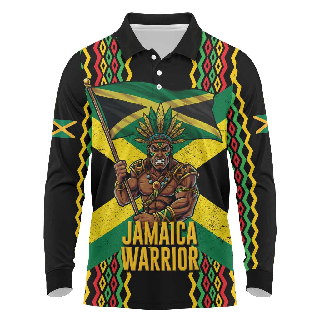 Black Jamaicans Warrior Spirit Long Sleeve Polo Shirt Tribal Fighter in Reggae Colors - African Pride