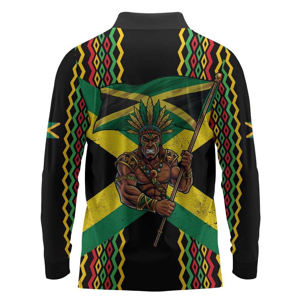 Black Jamaicans Warrior Spirit Long Sleeve Polo Shirt Tribal Fighter in Reggae Colors - African Pride
